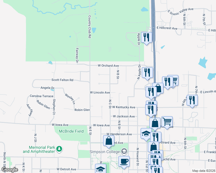 map of restaurants, bars, coffee shops, grocery stores, and more near 403 West Lincoln Avenue in Indianola