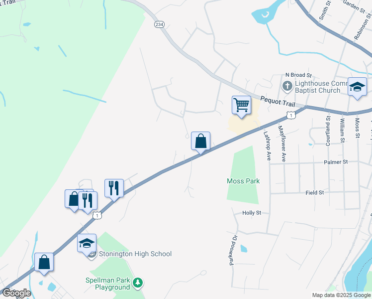 map of restaurants, bars, coffee shops, grocery stores, and more near 93 South Broad Street in Stonington