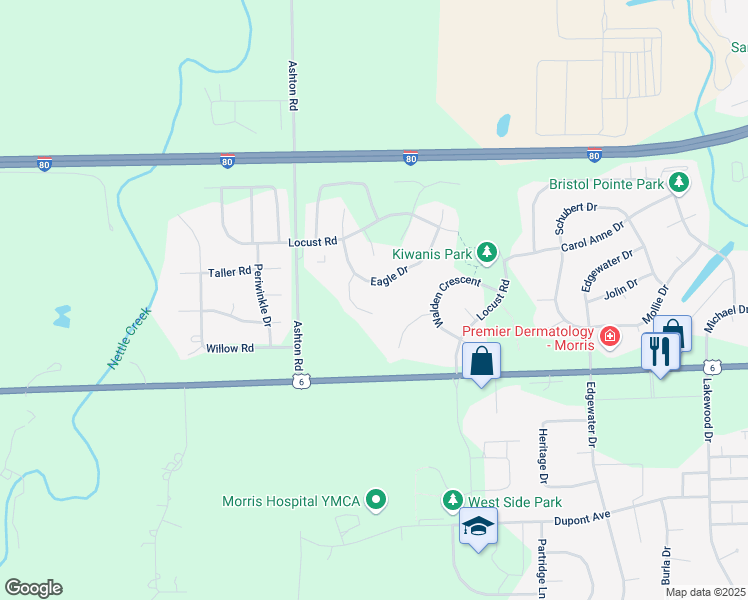 map of restaurants, bars, coffee shops, grocery stores, and more near 1811 Sunset Lane in Morris
