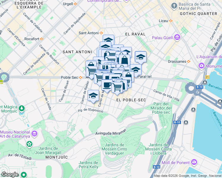 map of restaurants, bars, coffee shops, grocery stores, and more near 23 Carrer de Tapioles in Barcelona