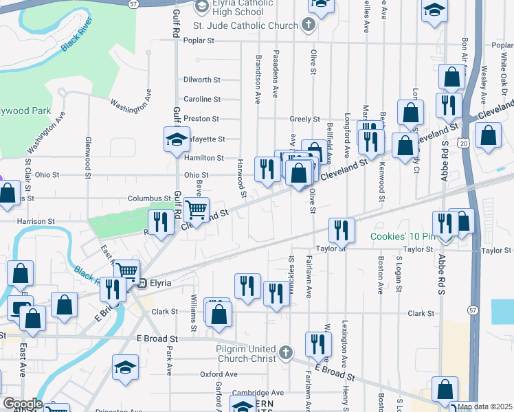 map of restaurants, bars, coffee shops, grocery stores, and more near 211 Cleveland Street in Elyria