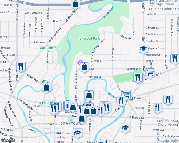 map of restaurants, bars, coffee shops, grocery stores, and more near 118 Saint Clair Street in Elyria