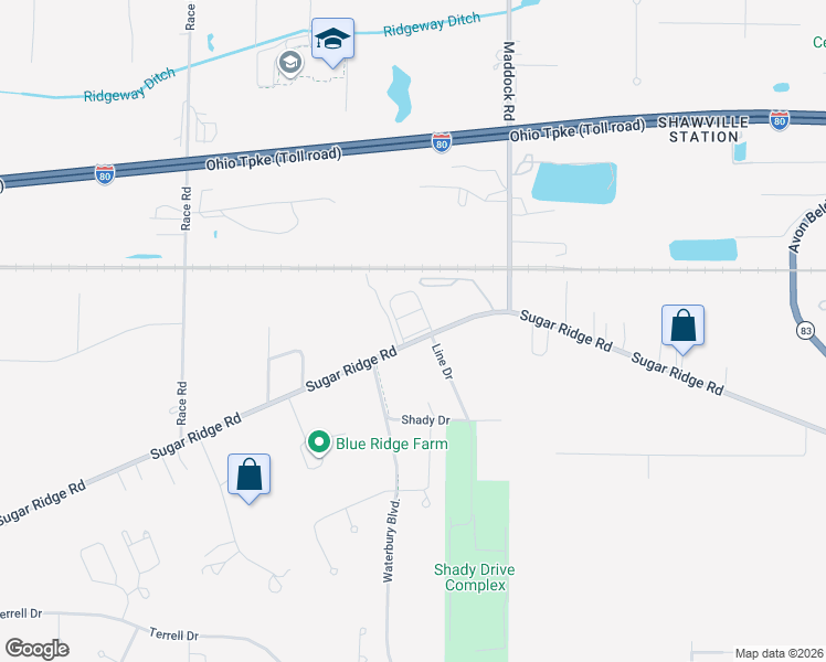 map of restaurants, bars, coffee shops, grocery stores, and more near 37152 Sugar Ridge Road in North Ridgeville