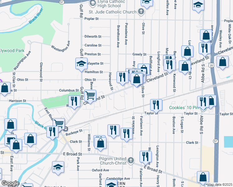 map of restaurants, bars, coffee shops, grocery stores, and more near 207 Cleveland Street in Elyria