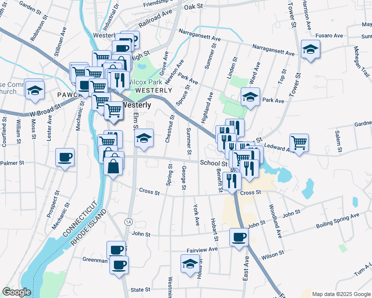 map of restaurants, bars, coffee shops, grocery stores, and more near 18 Summer Street in Westerly