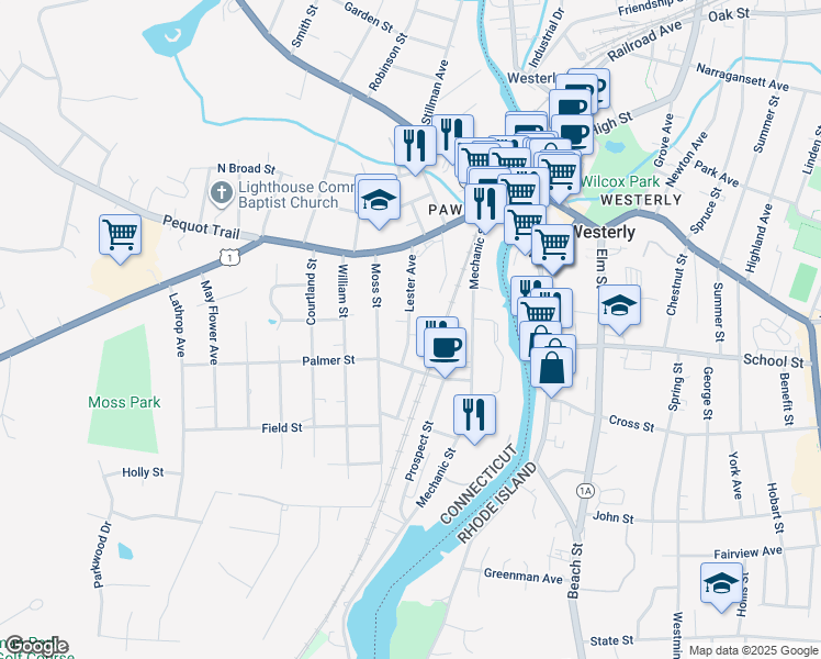 map of restaurants, bars, coffee shops, grocery stores, and more near 19 Lester Avenue in Stonington