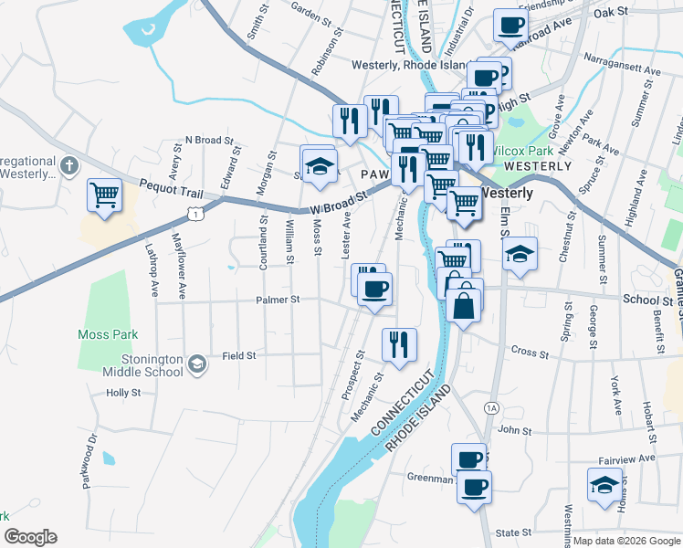 map of restaurants, bars, coffee shops, grocery stores, and more near 19 Lester Avenue in Stonington