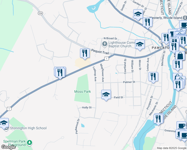 map of restaurants, bars, coffee shops, grocery stores, and more near 5 Lathrop Avenue in Stonington