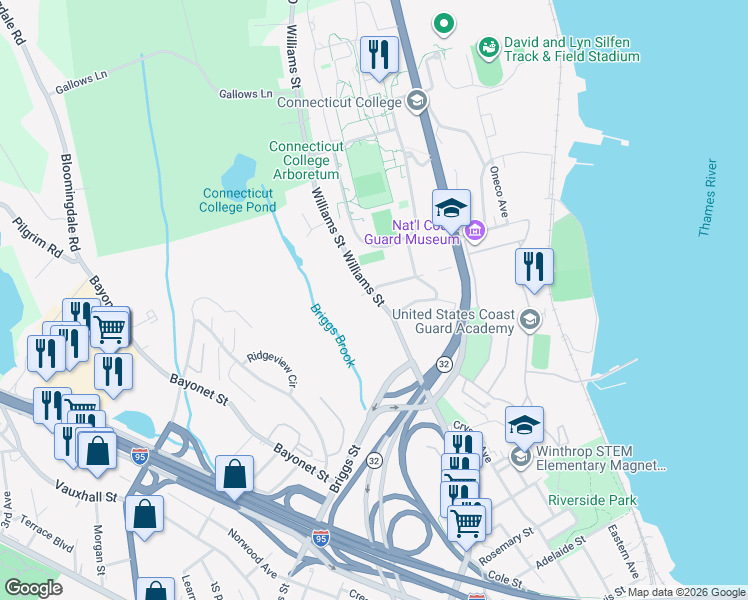 map of restaurants, bars, coffee shops, grocery stores, and more near 676 Williams Street in New London