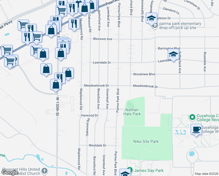 map of restaurants, bars, coffee shops, grocery stores, and more near 6965 Greenleaf Avenue in Parma Heights