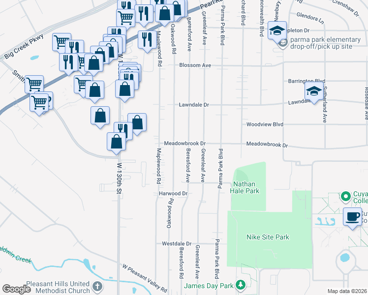 map of restaurants, bars, coffee shops, grocery stores, and more near 6965 Beresford Avenue in Parma Heights