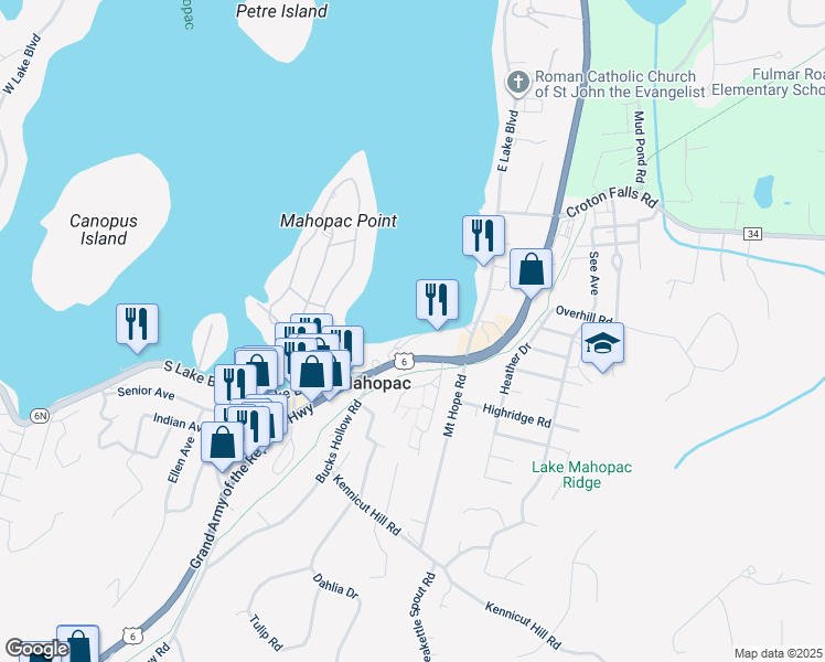 map of restaurants, bars, coffee shops, grocery stores, and more near 4 Marina Drive in Mahopac