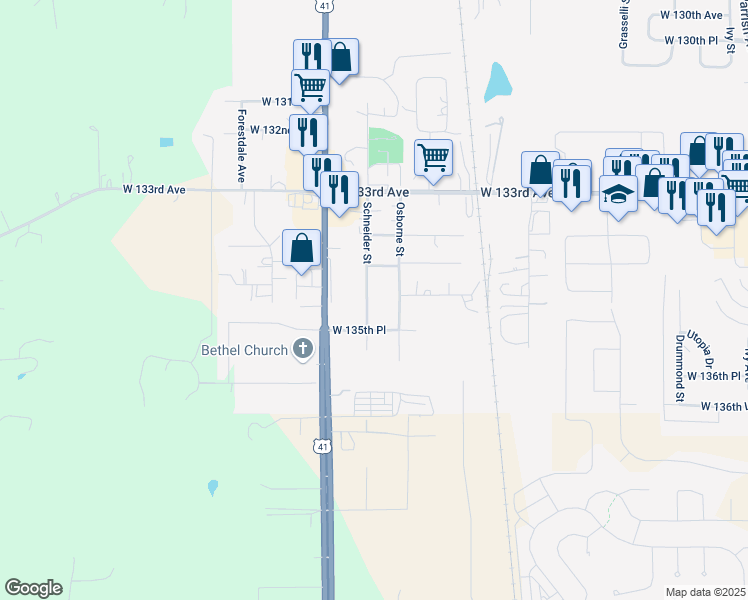 map of restaurants, bars, coffee shops, grocery stores, and more near 13447 Schneider Street in Cedar Lake