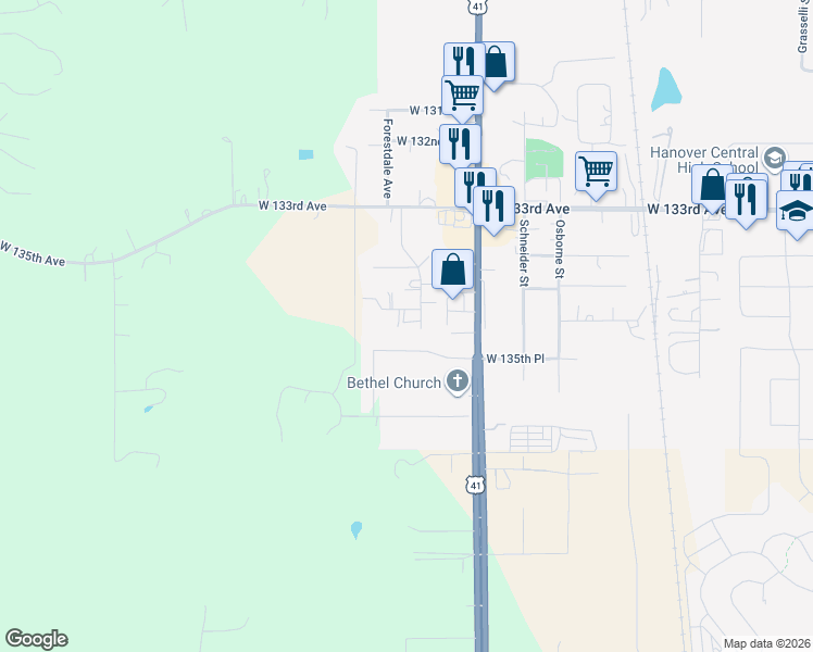 map of restaurants, bars, coffee shops, grocery stores, and more near 11504 W 134th Ct in Cedar Lake