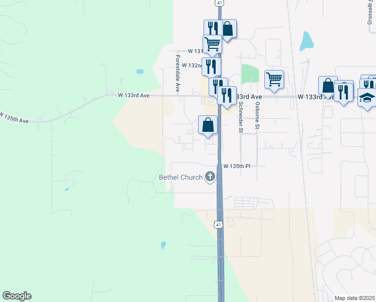 map of restaurants, bars, coffee shops, grocery stores, and more near 11504 W 134th Ct in Cedar Lake