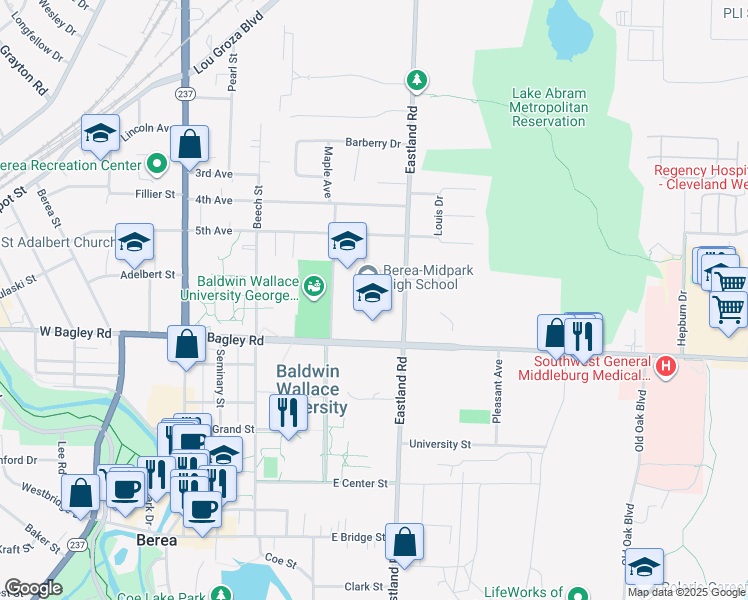 map of restaurants, bars, coffee shops, grocery stores, and more near 165 East Bagley Road in Berea