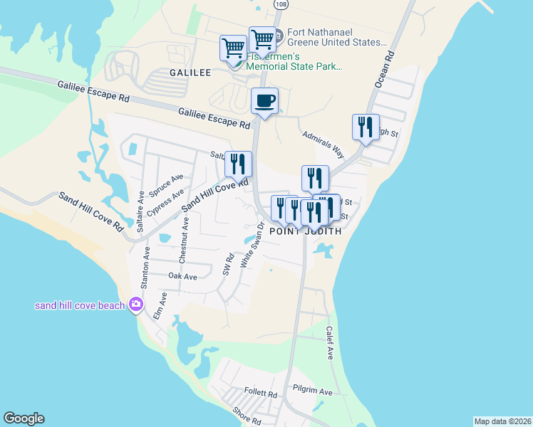 map of restaurants, bars, coffee shops, grocery stores, and more near 1125 Point Judith Road in Narragansett