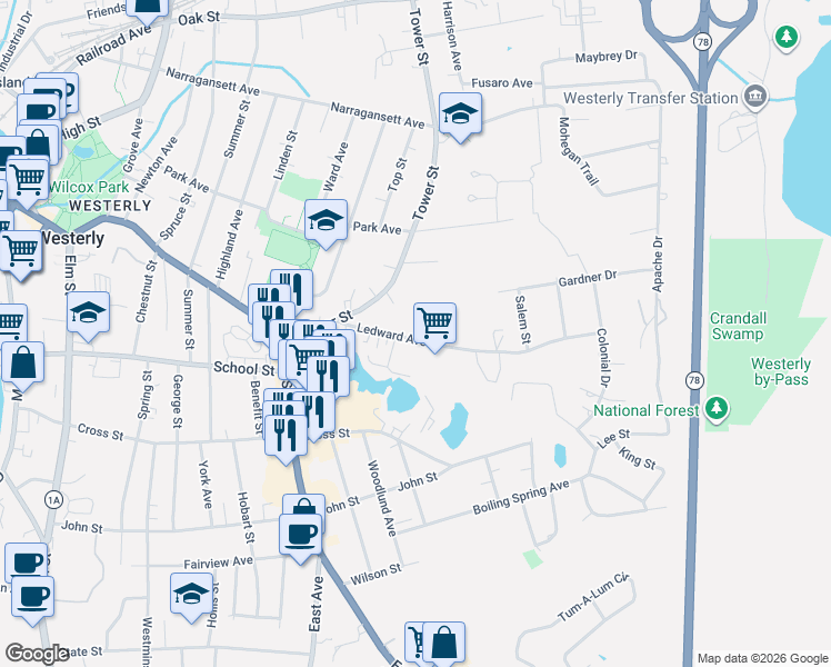 map of restaurants, bars, coffee shops, grocery stores, and more near 37 Tower Street in Westerly