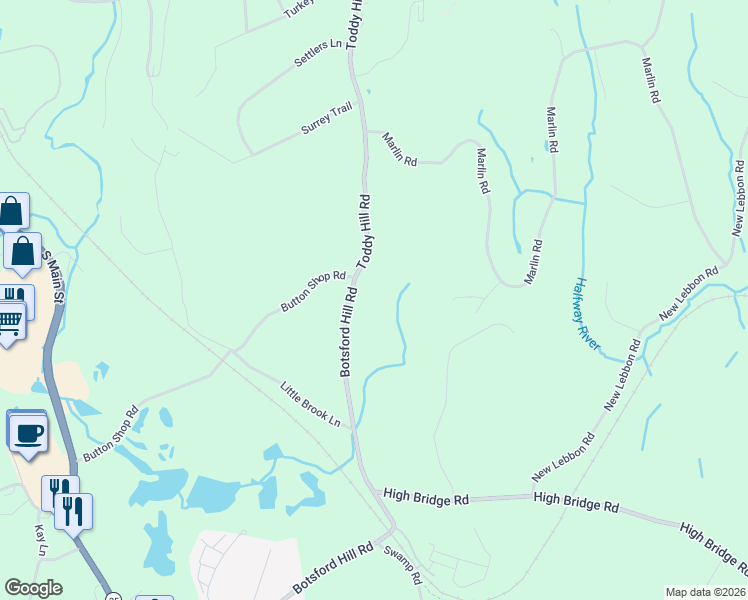 map of restaurants, bars, coffee shops, grocery stores, and more near 58 Botsford Hill Road in Newtown