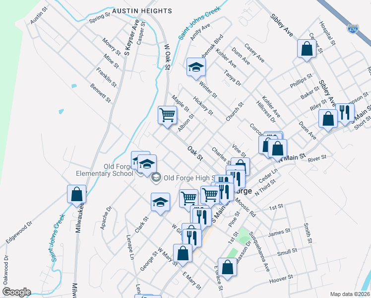 map of restaurants, bars, coffee shops, grocery stores, and more near 617 Oak Street in Old Forge