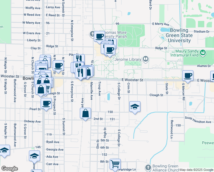 map of restaurants, bars, coffee shops, grocery stores, and more near 708 West Wooster Street in Bowling Green