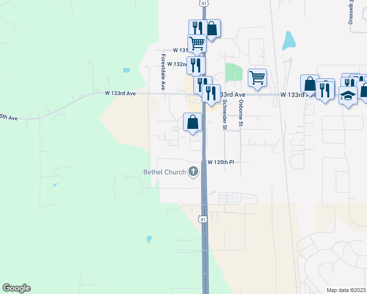 map of restaurants, bars, coffee shops, grocery stores, and more near 11504 W 134th Ct in Cedar Lake