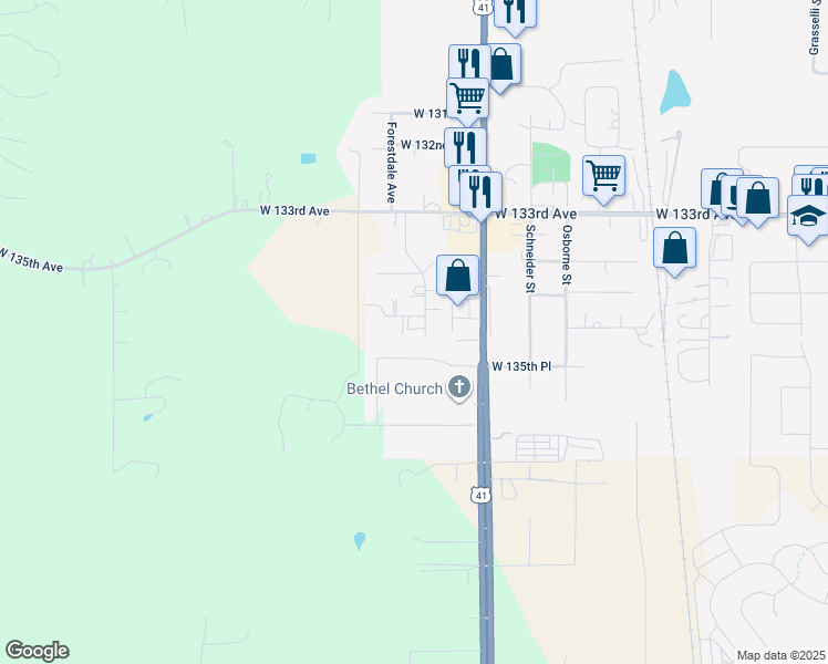 map of restaurants, bars, coffee shops, grocery stores, and more near 11504 W 134th Ct in Cedar Lake
