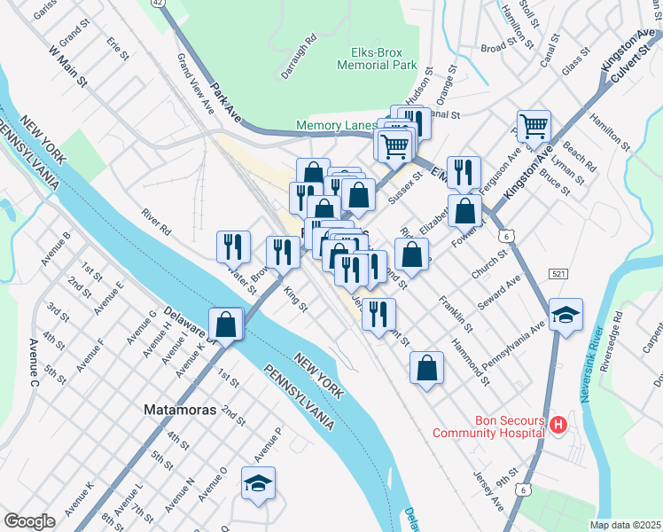 map of restaurants, bars, coffee shops, grocery stores, and more near 19 Front Street in Port Jervis