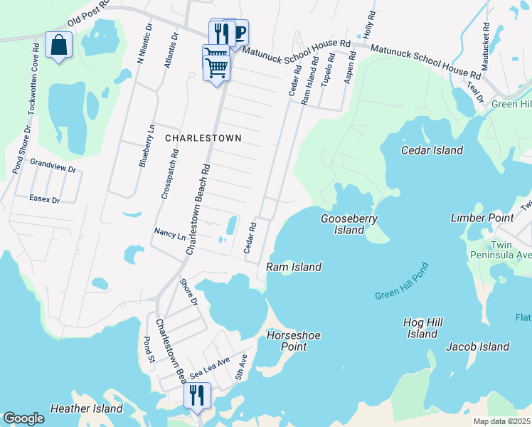 map of restaurants, bars, coffee shops, grocery stores, and more near 196 Cedar Road in Charlestown