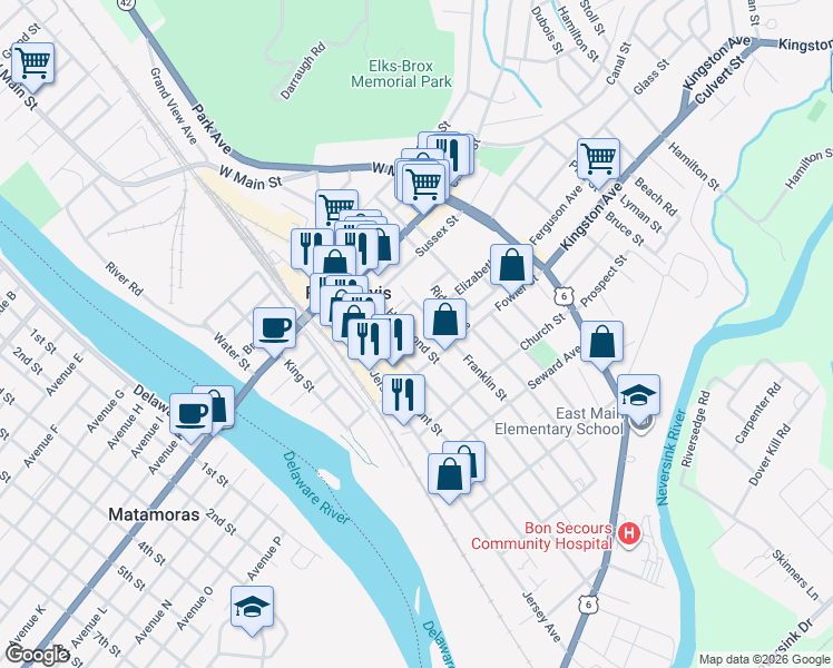 map of restaurants, bars, coffee shops, grocery stores, and more near 48 Hammond Street in Port Jervis