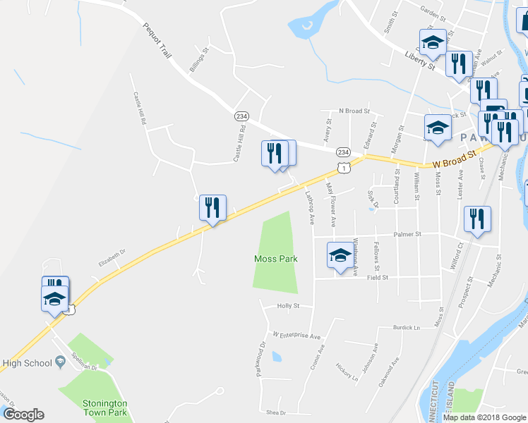 map of restaurants, bars, coffee shops, grocery stores, and more near 54 South Broad Street in Stonington
