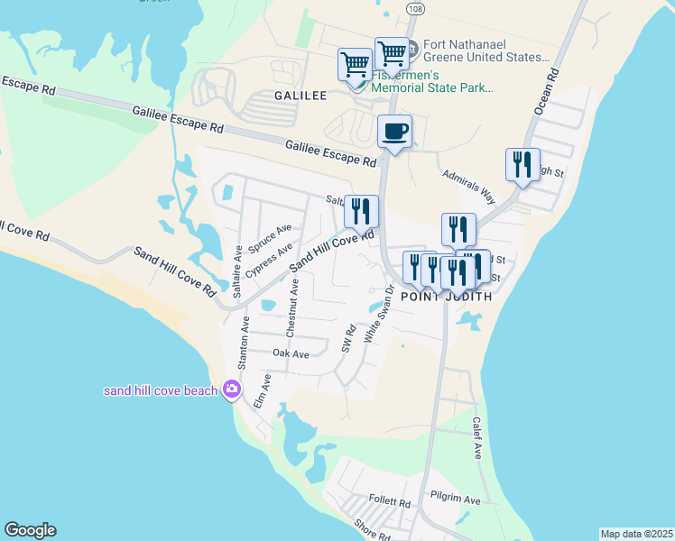 map of restaurants, bars, coffee shops, grocery stores, and more near 46 Sand Hill Cove Road in Narragansett