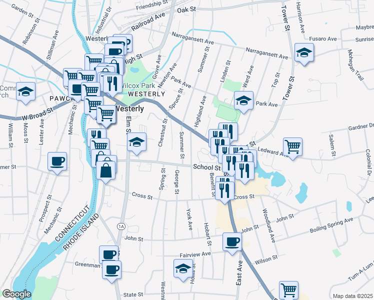 map of restaurants, bars, coffee shops, grocery stores, and more near 18 Summer Street in Westerly