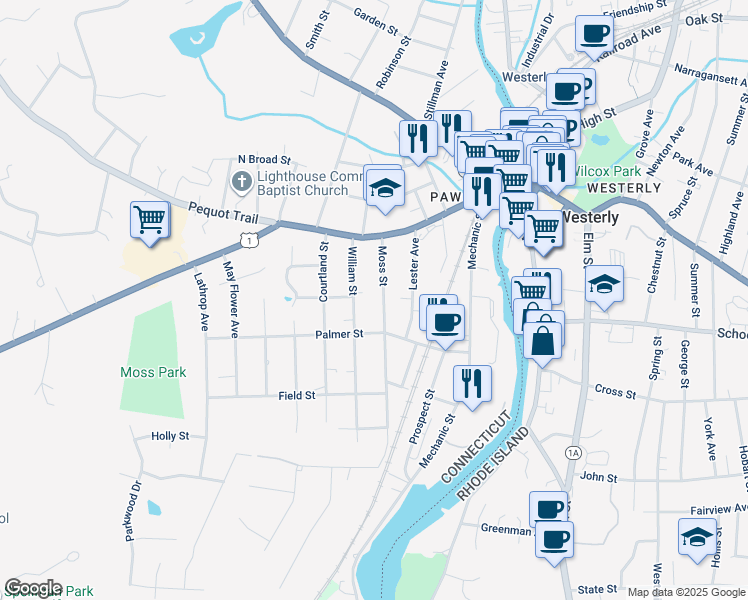 map of restaurants, bars, coffee shops, grocery stores, and more near 17 Moss Street in Stonington