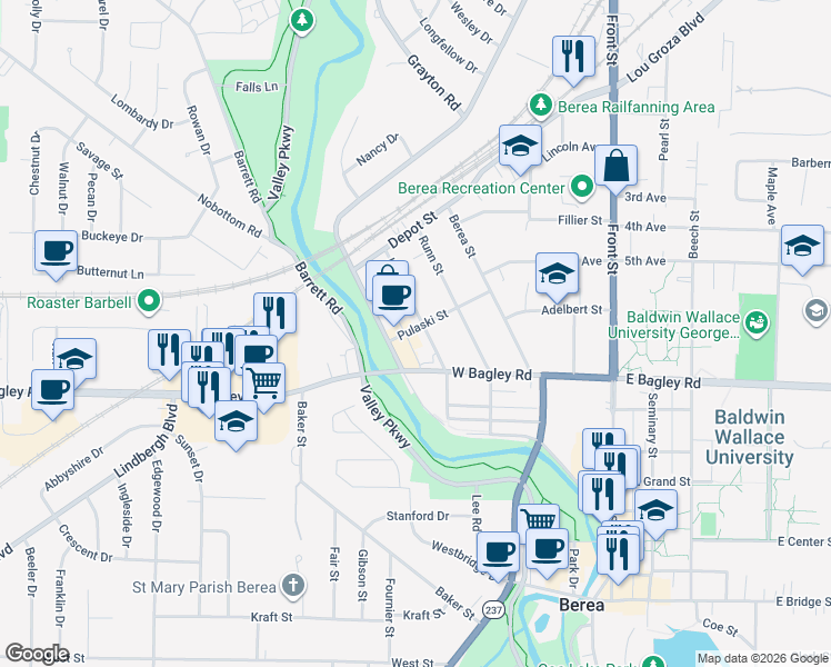 map of restaurants, bars, coffee shops, grocery stores, and more near 345 High Street in Berea