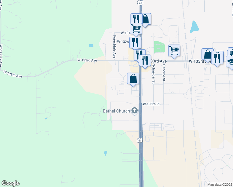 map of restaurants, bars, coffee shops, grocery stores, and more near 11648 West 134th Court in Cedar Lake