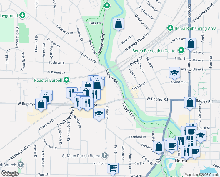 map of restaurants, bars, coffee shops, grocery stores, and more near 55 Barrett Road in Berea