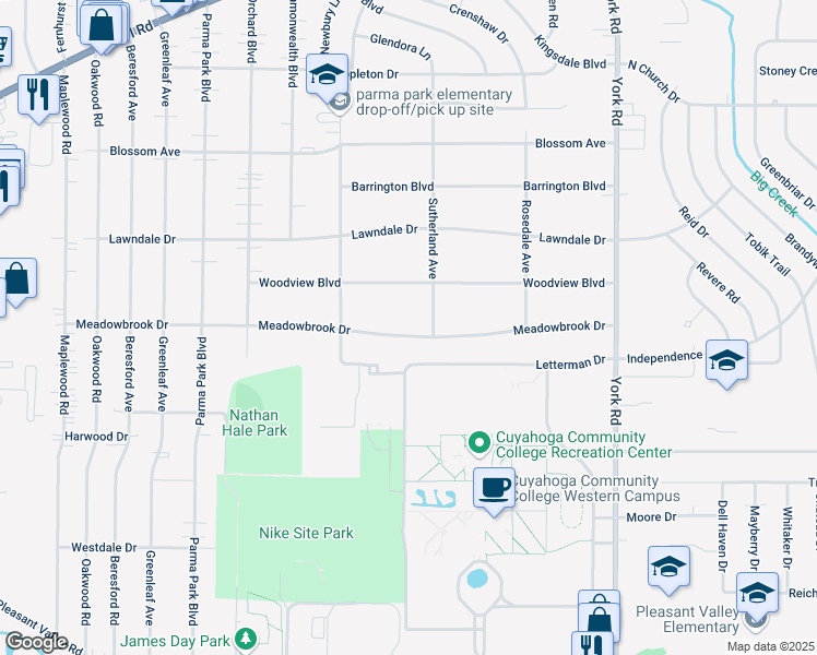 map of restaurants, bars, coffee shops, grocery stores, and more near 11492 Meadowbrook Drive in Parma Heights