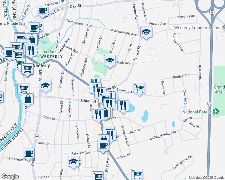 map of restaurants, bars, coffee shops, grocery stores, and more near 15 Tower Street in Westerly