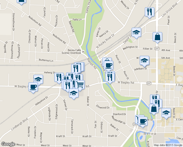 map of restaurants, bars, coffee shops, grocery stores, and more near 55 Barrett Road in Berea