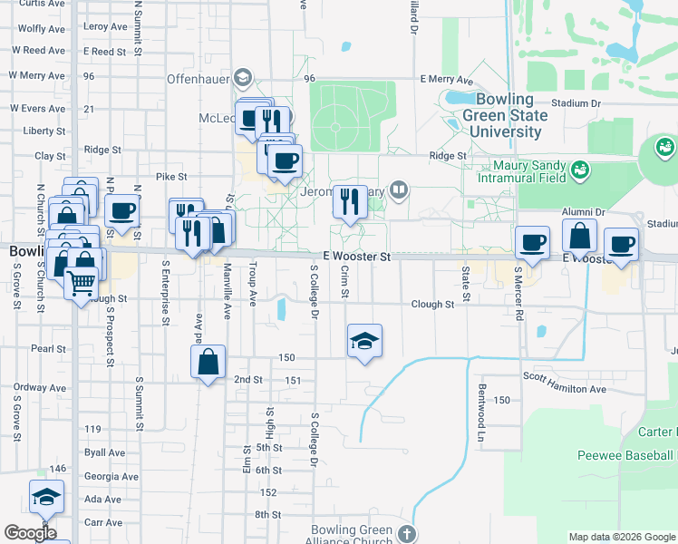 map of restaurants, bars, coffee shops, grocery stores, and more near 914 East Wooster Street in Bowling Green