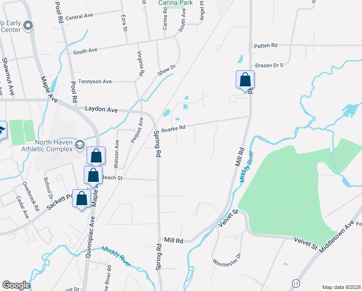 map of restaurants, bars, coffee shops, grocery stores, and more near 17 Ball Road in North Haven