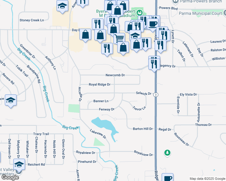 map of restaurants, bars, coffee shops, grocery stores, and more near 8175 Royal Ridge Drive in Parma