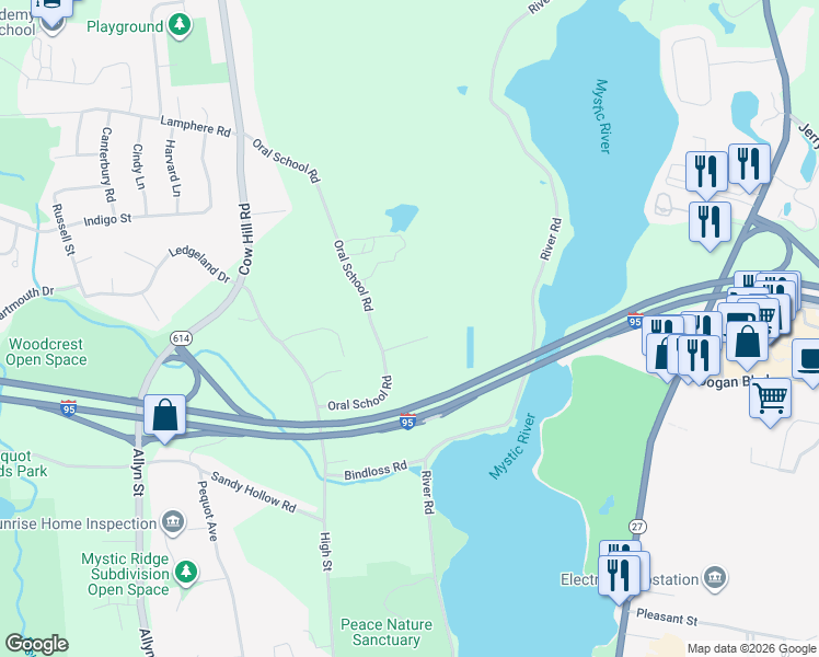 map of restaurants, bars, coffee shops, grocery stores, and more near 32 Boulder Court in Groton
