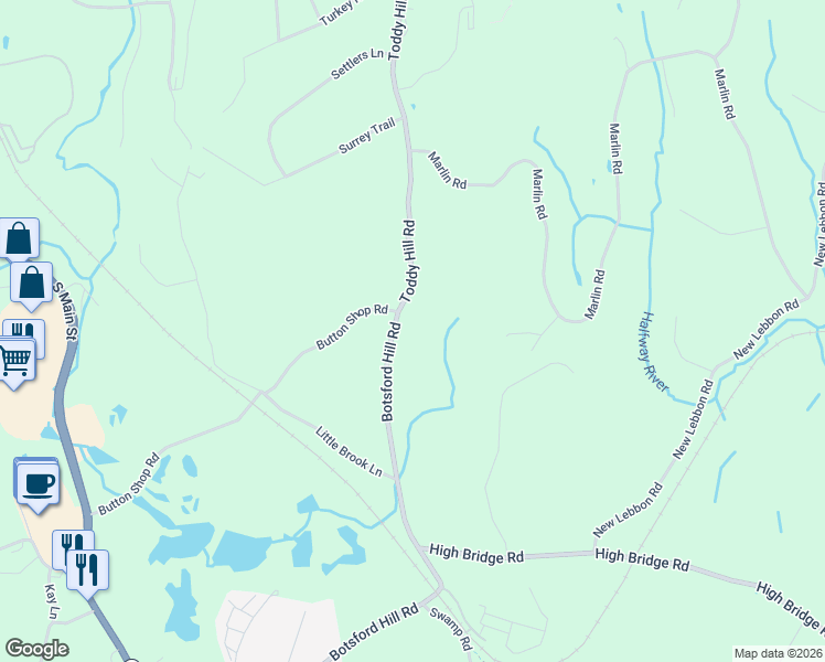 map of restaurants, bars, coffee shops, grocery stores, and more near 58 Botsford Hill Road in Newtown