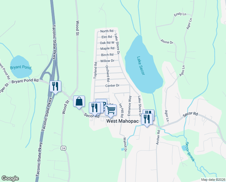 map of restaurants, bars, coffee shops, grocery stores, and more near 244 Center Drive in Mahopac