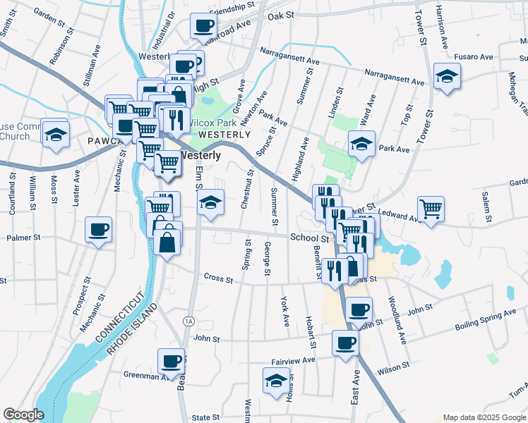 map of restaurants, bars, coffee shops, grocery stores, and more near 18 Summer Street in Westerly