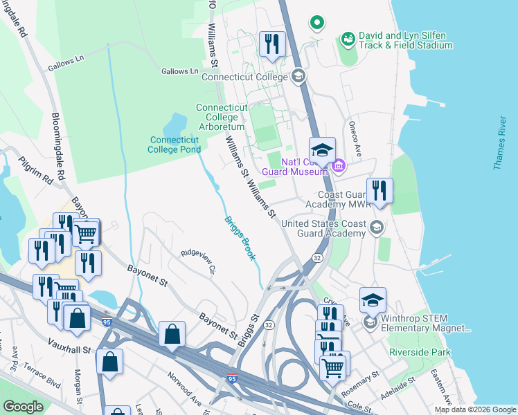 map of restaurants, bars, coffee shops, grocery stores, and more near 676 Williams Street in New London