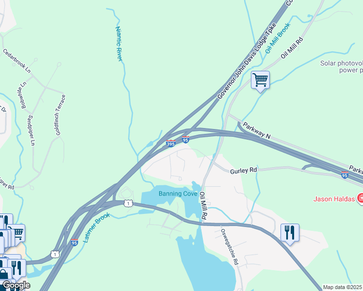map of restaurants, bars, coffee shops, grocery stores, and more near 17 Boston Post Road in East Lyme