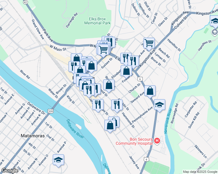 map of restaurants, bars, coffee shops, grocery stores, and more near 12 Franklin Street in Port Jervis
